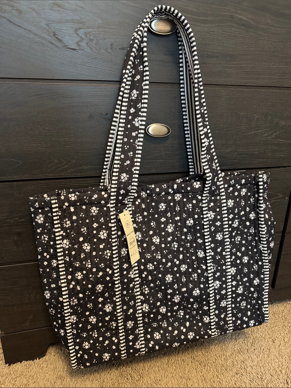 Quilted Black Floral Tote Bag with Striped Handles